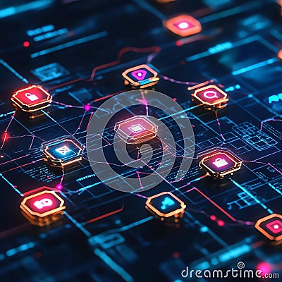 Exploring Digital Connections in a Neon Tech Network Visualization Stock Photo