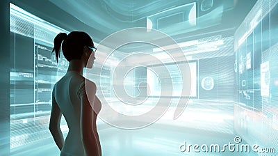 Exploring digital technology interactions with virtual displays in a futuristic networked world Stock Photo