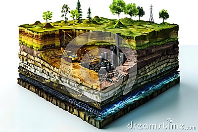Exploring Earth's Layers: A Cross-Section Revealing Subsurface Structures, Resources, and Ecosystem Stock Photo