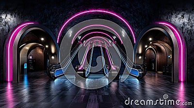 Exploring the Endless Journey Through a Captivating Long Tunnel with Escalators and Patterns Stock Photo