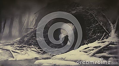 Exploring The Enigmatic Woods: A Tintype Journey Through Frostpunk-inspired Cave Stock Photo