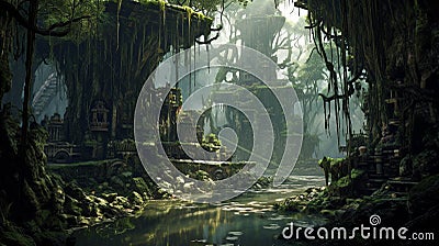 Exploring the Fantastical Swamp Ruins. Giant Tree Forest Secrets. Generative AI Stock Photo