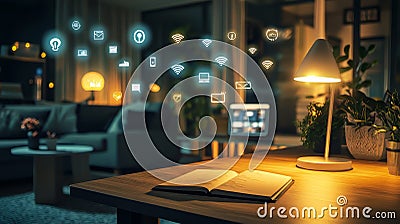 Exploring the Future of E-Learning Through a Simple Table, Book, and Lamp Conceptual Representation Stock Photo