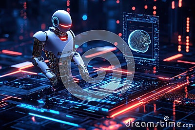 Exploring futuristic AI technology with a robot, microchip, and digital brain on holographic platforms Cartoon Illustration