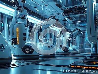 Exploring futuristic factory, robotic arms and automated systems at work Stock Photo
