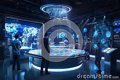 Exploring Futuristic Interactive Displays, A Journey Through a High-Tech Data Visualization Center Showcasing Globa Stock Photo