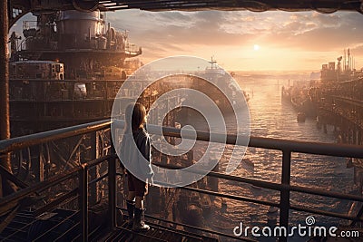 Sci-Fi Child Observing Bustling Canal with Ships: Ultra-Realistic Photography Award Winner Stock Photo