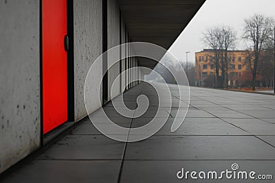 Exploring geometric patterns in a grid-based Bauhaus structure with vibrant red accents on a misty day Generative AI Stock Photo