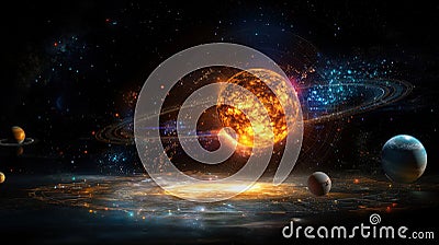 Exploring the glowing digital map of the solar system interactive space simulation virtual environment cosmic perspective Cartoon Illustration
