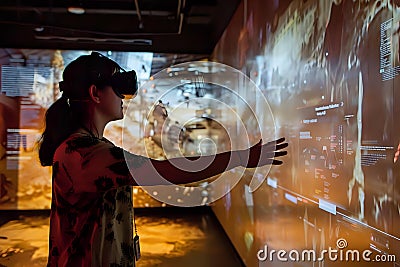 Exploring Immersive Virtual Reality, A Person Interacts with a Futuristic Interactive Display Using VR Headset, Nav Stock Photo