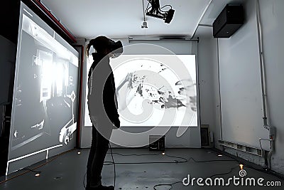 Exploring Immersive Virtual Reality, A Person Uses a Headset to Interact with Abstract 3D Visualizations Projected Stock Photo