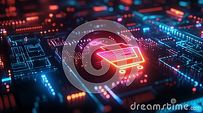 Exploring the Intersection of E-Commerce and Technology with a Shopping Cart on a Computer Chip: A Stunning 3D Visual Cartoon Illustration