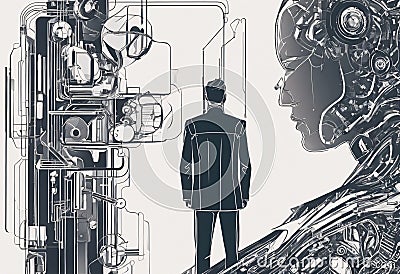 Exploring the intersection of technology and humanity in a futuristic setting with a figure and a robotic face Generative AI Stock Photo
