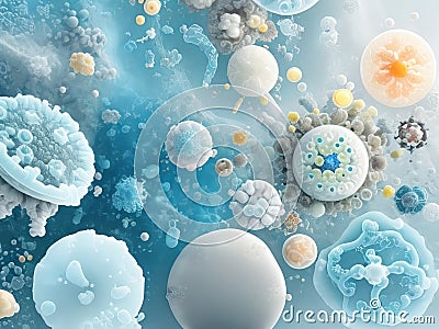 Exploring the Intricate World of Bacteria, Probiotics, and Viruses in a Science Microbiology Background. Stock Photo