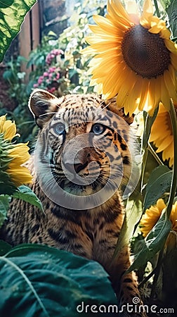 Exploring the Lost Ancient Rural Area: Beautiful Mysterious Shimmering Cosmic Tiger Cub Close-Up . Stock Photo