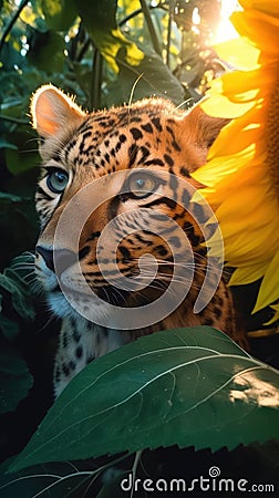 Exploring the Lost Ancient Rural Area: Beautiful Mysterious Shimmering Cosmic Tiger Cub Close-Up . Stock Photo