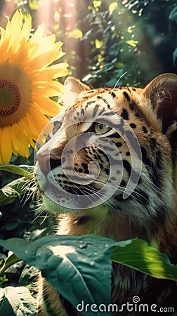 Exploring the Lost Ancient Rural Area: Beautiful Shimmering Cosmic Tiger Cub Close-Up . Stock Photo