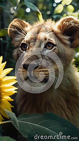 Exploring the Lost Ancient Rural World: Beautiful Mysterious Shimmering Cosmic Lion Cub Close-Up . Stock Photo