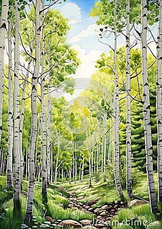 Exploring the Majestic Aspen Grove: A Grand Scale Oil Painting o Cartoon Illustration