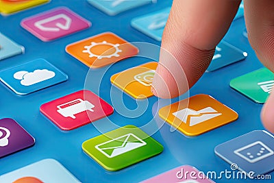 Exploring mobile applications with a finger navigating colorful icons on a touchscreen device. Generative AI Stock Photo