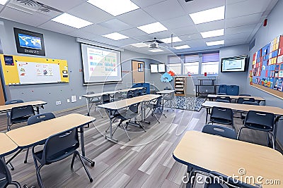 Exploring a Modern Classroom, Desks, Chairs, and Technology Integration for Enhanced Learning Environments. Intera Stock Photo