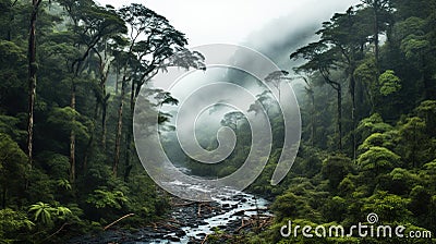 Exploring Nature's Wonderland: Lush Rainforest and Foggy Rainforest River Pathway, Generative AI Stock Photo