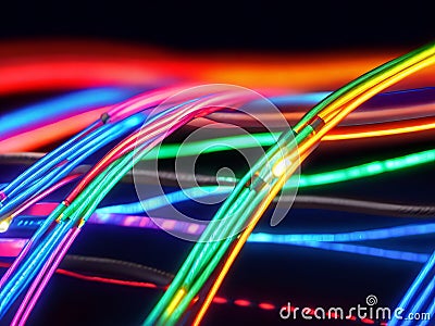 Exploring New Business Trends Using LEDs, Optical Fibre, and Coloured Electric Cables. Stock Photo