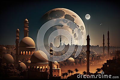 Exploring the Night Scene of Islamic Mosque Stock Photo