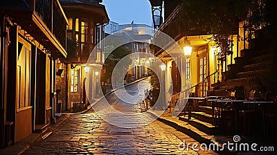 Exploring Old Town's Historic Streets at Night. Generative AI Stock Photo