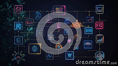 Exploring Optimized Technical Support and Customer Service Workflow Icons on a Dark Background Stock Photo