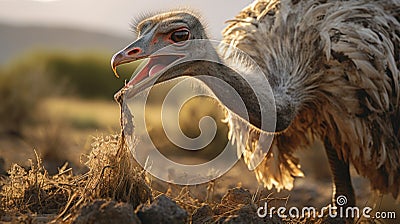 Exploring Ostrich Feeding Behavior: A Captivating Uhd Image In The Style Of John Wilhelm Stock Photo