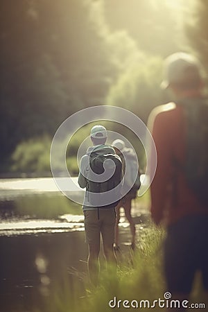 Exploring the Outdoors: Group Hiking and Camping by the River with Backpacks Stock Photo