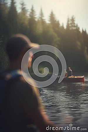 Exploring the Outdoors: Group Hiking and Camping by the River with Backpacks Stock Photo