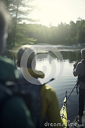 Exploring the Outdoors: Group Hiking and Camping by the River with Backpacks Stock Photo