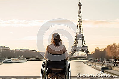 Exploring Paris as a wheelchair user. Back of disabled woman looking on Eiffel tower. Generative AI Stock Photo