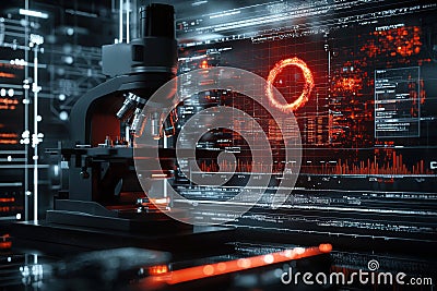 Exploring Quantum Physics Insights Through the Lens of a Computer Screen Illuminated by Red Light Stock Photo