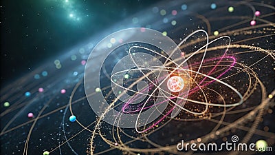 Exploring the Quantum Realm A mesmerizing visualization of atomic particle interactions and energy flow within a subatomic Stock Photo