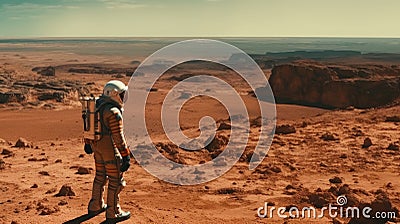 First Man on Mars: Epic Cinematic View of Martian Landscape and Spaceship Stock Photo