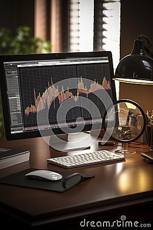 Exploring Stock Market Potential: Magnifying Growth on Polished Mahogany Desk Stock Photo