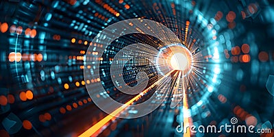 Exploring Technology and Machine Learning: Abstract Wire Cable Tunnel with Digital Binary Data in a Stock Photo