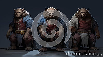 Exploring Texture: Four Armored Werewolves In Pensive Poses Stock Photo