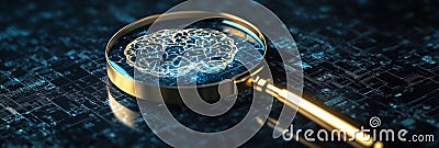 Exploring transparency and oversight in artificial intelligence through a magnifying glass on an AI brain network Stock Photo