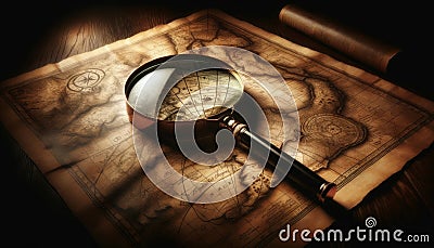 Exploring Uncharted Worlds: Magnifying Glass Unveiling Ancient Secrets on Map. Generative AI Stock Photo