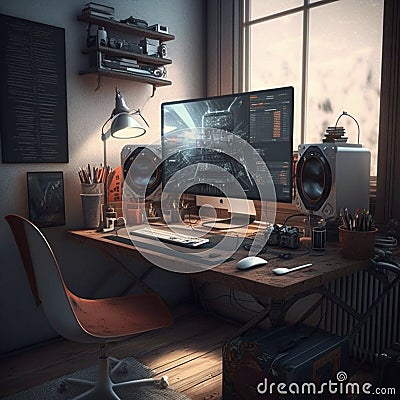 Exploring Unique Workspace of Engineers and Developers with a Touch of Reality. AI Stock Photo