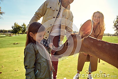 Exploring the world. Cute girl watching and feeding young dappled deer with food while spending great time with her Stock Photo