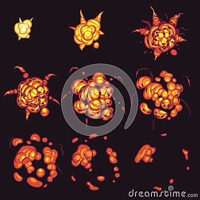 Explosion animation. Cartoon bang bomb flame frames, flash fire with smoke effect storyboard comics gaming bombing Vector Illustration