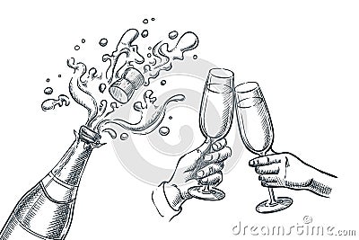 Explosion champagne bottle and two hands with drinking glasses. Sketch vector illustration. New Year, Christmas or Valentines Day Vector Illustration