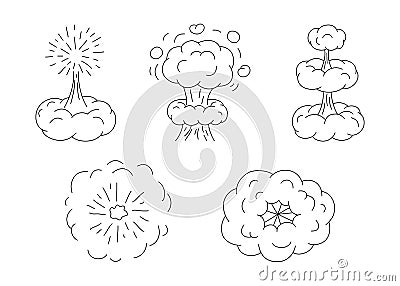 Explosion with cloud of smoke, effect steam, doodle line set. Hand drawn element splash, stepwise and wave cloud from Vector Illustration