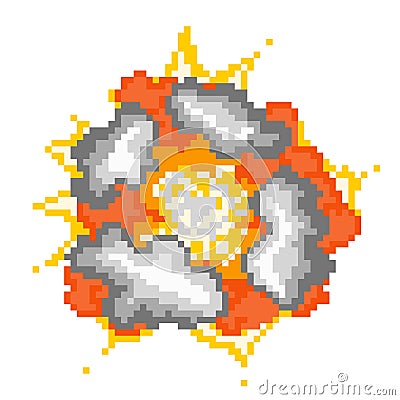 Explosion with clouds pixel smoke. Detonating bomb red energy destruction and blazing yellow fire. Vector Illustration