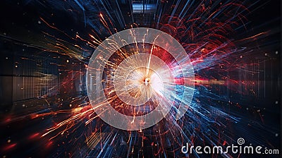 Explosion of colliding particles, science concept. Generative AI Stock Photo